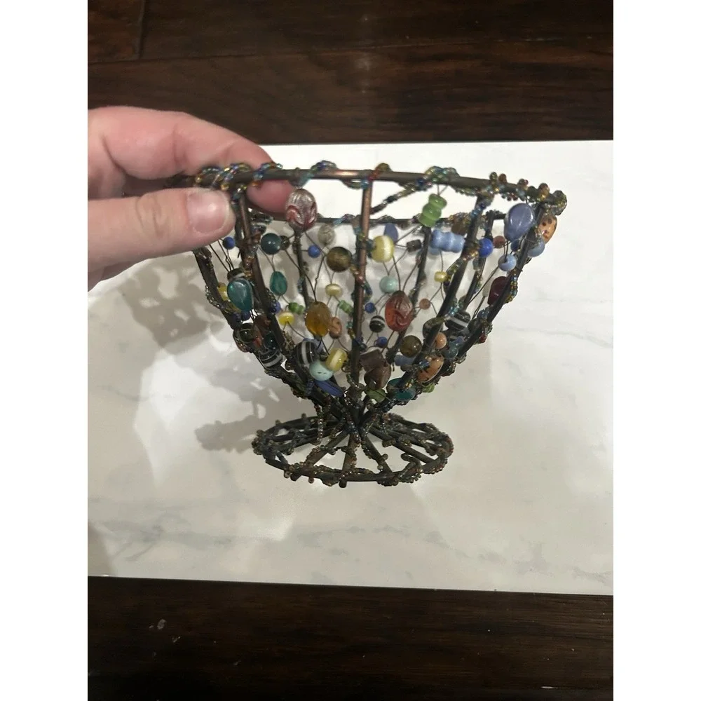 VTG Unique Beaded Wire Basket Boho Decor Shelf